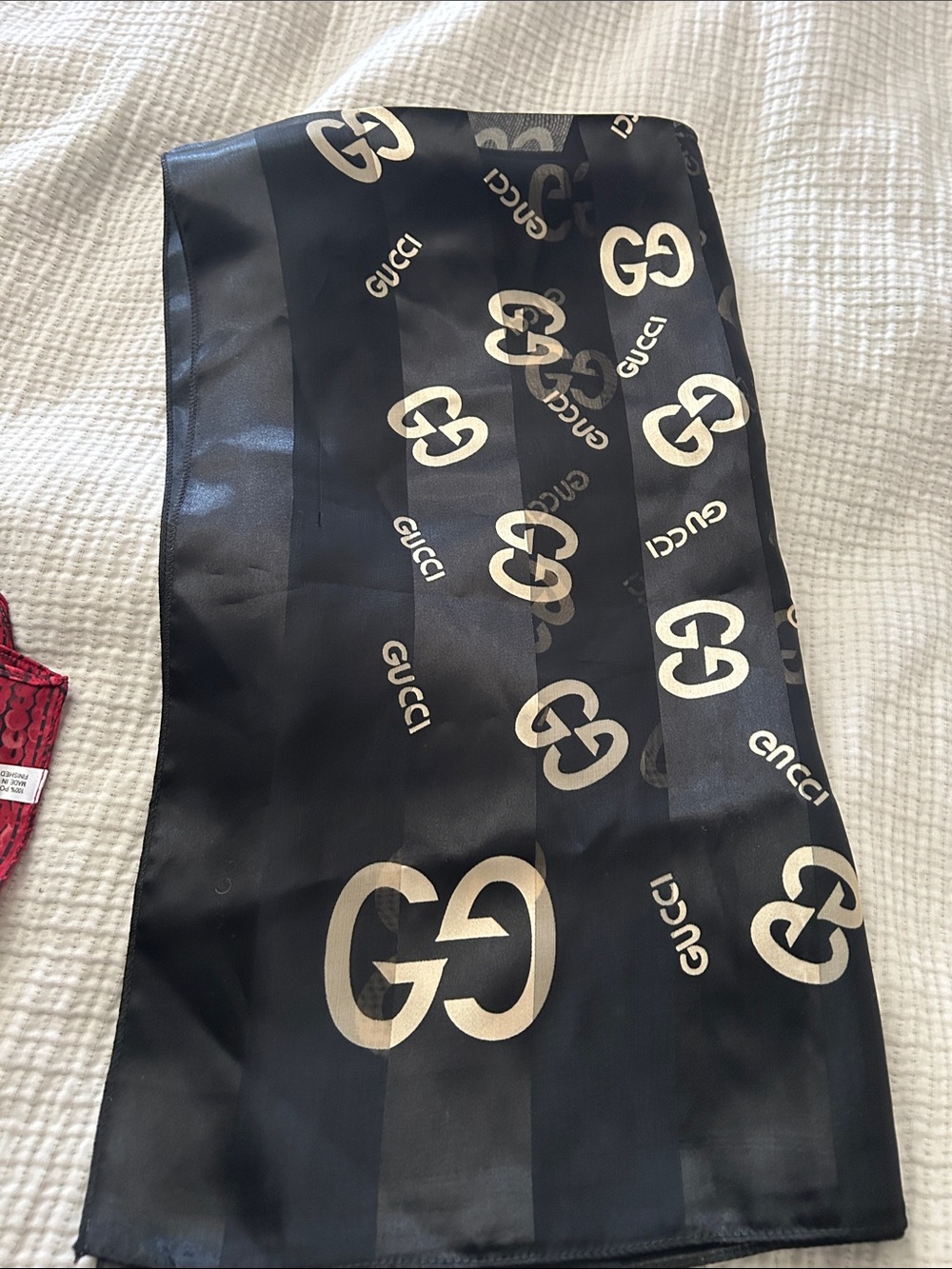 Gucci Black and Gold Logo Stripe Silk Scarf
